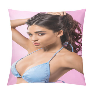 Personality  Beautiful Tanned Girl Posing In Bikini, Isolated On Pink Pillow Covers