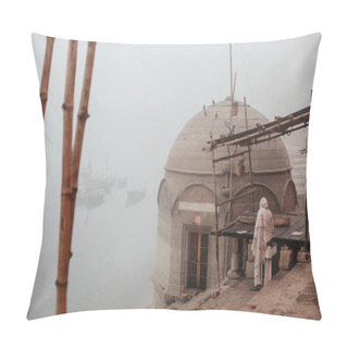 Personality  Figure On Ghat Near Ganges River In Fog. Varanasi, Banaras, India Pillow Covers