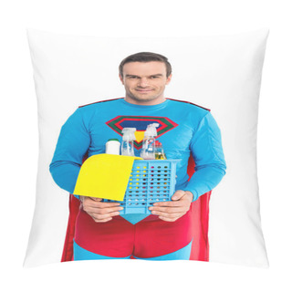 Personality  Handsome Man In Superhero Costume Holding Cleaning Supplies And Smiling At Camera Isolated On White Pillow Covers