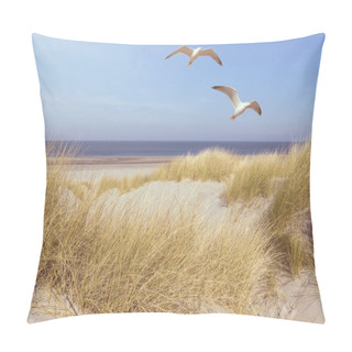Personality  Seagulls Flying Over Grass Covered Dunes On A Beach With Ocean In Background Pillow Covers