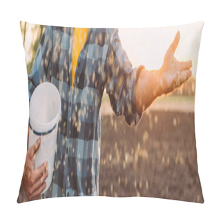 Personality  Cropped View Of Farmer In Checkered Shirt Holding Bucket And Sowing Grains On Field, Horizontal Image Pillow Covers