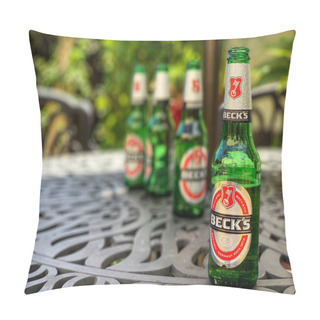 Personality  Southampton, UK - 2nd June 2020: Becks Beer Bottles On A Garden Table During An Early Summer Hot Spell Of Sunny Weather. Pillow Covers