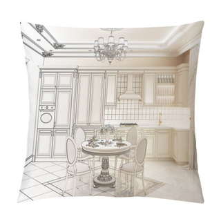 Personality  3d Illustration. Sketch Of Kitchen Turns Into A Real Interior Pillow Covers