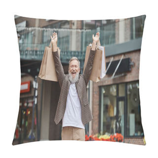 Personality  Excited And Bearded Man Walking With Shopping Bags, Senior Life, Urban Street,  Stylish Outfit Pillow Covers