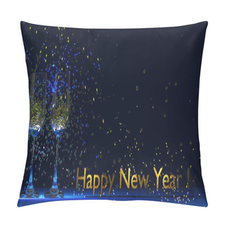 Personality  Happy New Year Banner With Two Glasses Of Champagne. 3D Render Illustration. Pillow Covers