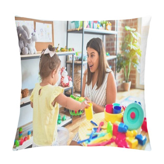 Personality Young Beautiful Teacher And Toddler Playing With Dishes, Cutlery And Cups Toy On The Table At Kindergarten Pillow Covers