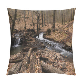Personality  Wooden Logs Near Stones And Mountain Creek In Forest  Pillow Covers