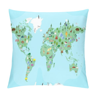 Personality  Illustrated Map Of The World With Cartoon Animals For Kids. Pillow Covers