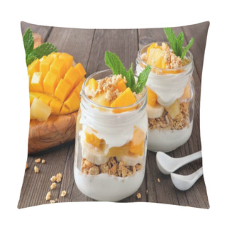 Personality  Mango And Pineapple Parfaits In Mason Jars, Scene On A Rustic Wood Background Pillow Covers