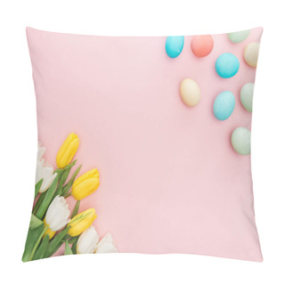 Personality  Top View Of Tulip Flowers And Traditional Easter Eggs Isolated On Pink Pillow Covers
