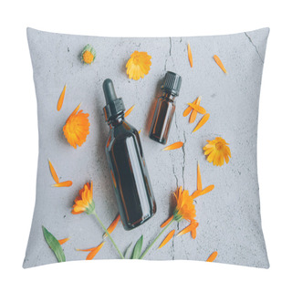 Personality  Top View Of Glass Bottles Of Calendula Essential Oil With Fresh Marigold Orange Yellow Flowers And Petals Over Gray Background Aromatherapy Concept. Pillow Covers