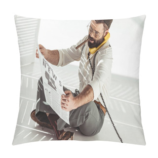 Personality  Handsome Bearded Man Sitting On Floor, Talking On Phone, Smoking Cigar And Reading Business Newspaper Pillow Covers