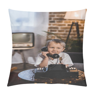 Personality  Cute Happy Little Boy Talking By Telephone, 1950s Style Pillow Covers