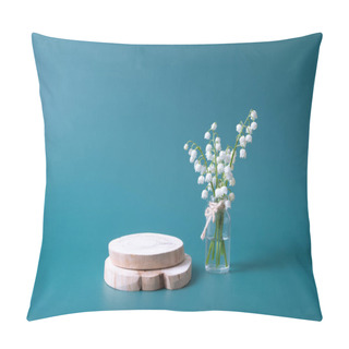 Personality  Wooden Podium Or Pedestal With Lilies Of The Valley Bouquet In A Miniature Glass Jar On A Turquoise Background. Pillow Covers