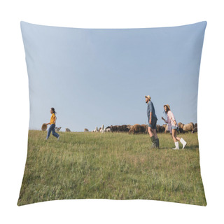Personality  Side View Of Family Herding Cattle While Running In Pasture Under Blue Summer Sky Pillow Covers