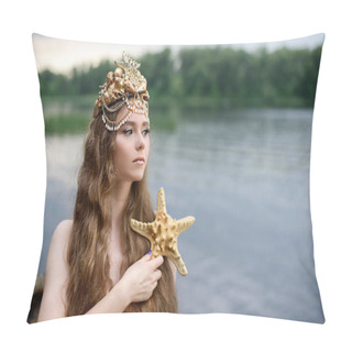 Personality  Fantasy Woman Real Mermaid With Trident Myth Goddess Of Sea With Golden Tail Sitting In Sunset On Rocks.. Gold Hair Crown Shells Pearls Jewelry. Mermaid Sitting On Shore. Fantasy Concept. Pillow Covers