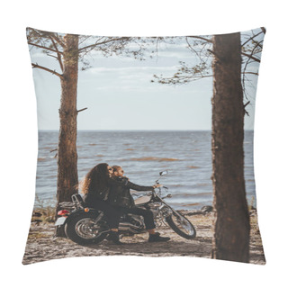 Personality  Bikers In Black Leather Jackets Sitting On Cruiser Motorcycle On Seashore Pillow Covers