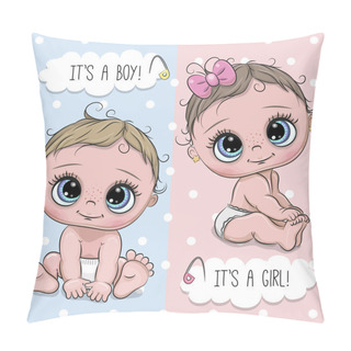 Personality  Baby Shower Greeting Card With Cartoon Babies Boy And Girl Pillow Covers