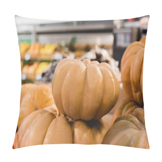 Personality  Close Up View Of Organic Squashes In Supermarket  Pillow Covers