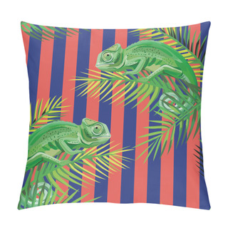 Personality  Realistc Vector Composition Chameleon On The Palm Leaves On The Stripe Coral Blue Background. Seamless Pattern Wallpaper Pillow Covers