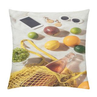 Personality  High Angle View Of Smartphone, Sunglasses, Earrings And String Bag With Fresh Fruits Pillow Covers