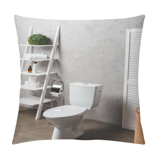Personality  Interior Of Modern Bathroom With Toilet Bowl Near Rack With Cosmetics, Towels, Toilet Paper, Laundry Basket And Toilet Brush Pillow Covers