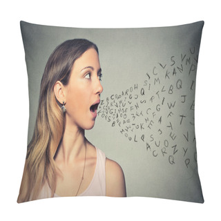 Personality  Woman Talking With Alphabet Letters Coming Out Of Her Mouth Pillow Covers