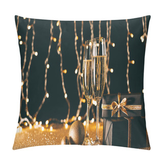 Personality  Glasses Of Champagne, Baubles And Gifts On Garland Light Background, Christmas Concept Pillow Covers