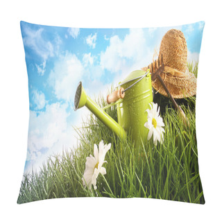 Personality  Water Can And Straw Hat Laying In Grass Pillow Covers
