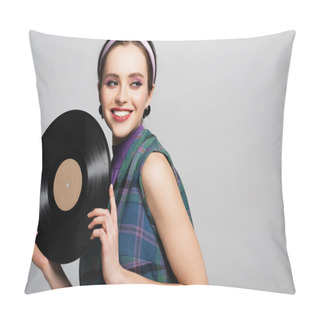Personality  Joyful Woman In Headband Holding Retro Vinyl Disc Isolated On Grey Pillow Covers