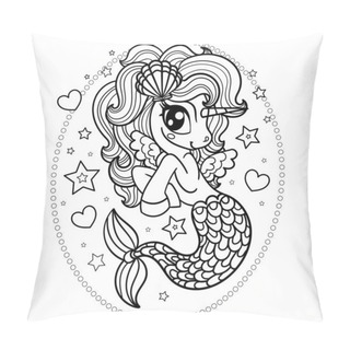 Personality  Cute Seahorse Unicorn. Black And White Linear Drawing. Vector Pillow Covers