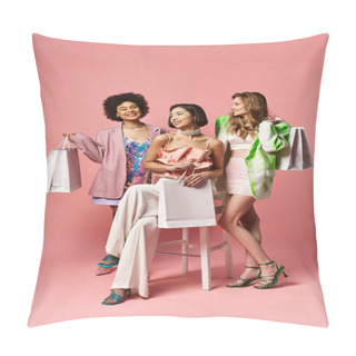 Personality  A Multicultural Group Of Women Stand Together, Showcasing Beauty And Unity Against A Vibrant Pink Studio Background. Pillow Covers
