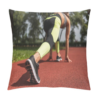 Personality  Back View Of Sportswoman In Starting Pose On Stadium  Pillow Covers