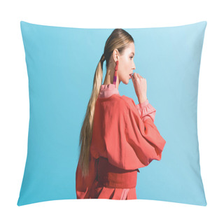 Personality  Beautiful Stylish Girl Posing In Trendy Living Coral Clothing Isolated On Blue Pillow Covers