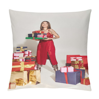 Personality  Attractive Woman In Red Dress With Tattoos Holding Presents And Looking At Camera, Holiday Gifts Pillow Covers