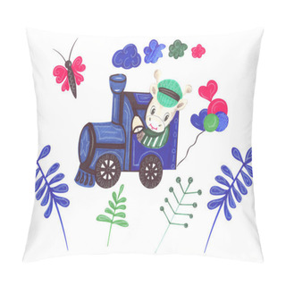 Personality Illustration Of Color Watercolor Animal Character Giraffe Travels By Vehicle Steam Train On A White Isolated Background. Pillow Covers