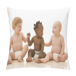 Personality  Three Babies Sitting Indoors Holding Hands Pillow Covers