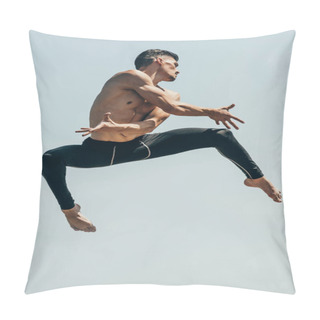 Personality  Motion Shot Of Attractive Shirtless Dancer In Jump Against Blue Sky Pillow Covers