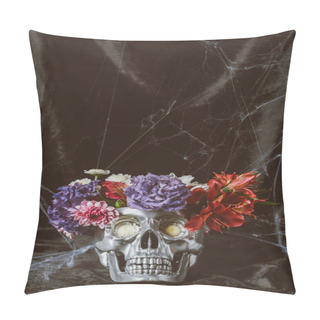 Personality  Silver Halloween Skull With Flowers On Dark Cloth With Spider Web  Pillow Covers
