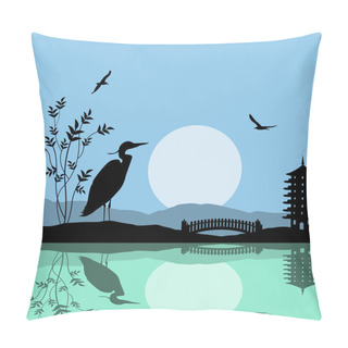 Personality  Heron Silhouette On River At Beautiful Asian Place Pillow Covers