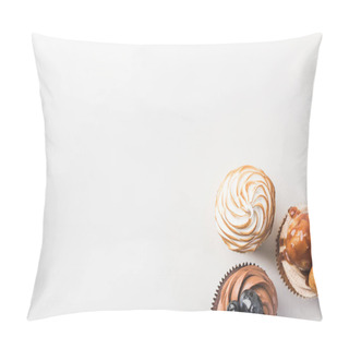 Personality  Top View Of Arrangement Of Tasty Cupcakes Isolated On White Pillow Covers