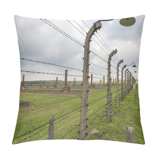 Personality  Barbed Fence With Lamp In Auschwitz Concentration Camp In Poland. Pillow Covers