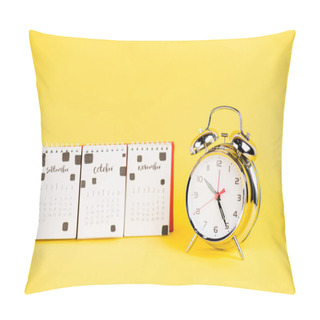 Personality  Alarm Clock And Calendar With Autumnal Months On Yellow Background Pillow Covers