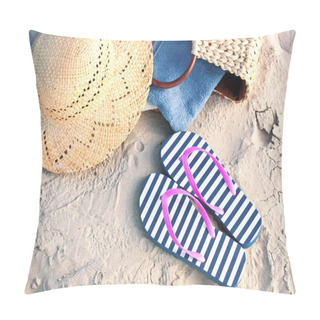 Personality  Summer Accessories - Bag, Wicker Hat And  Slipper On Natural Sand Beach Pillow Covers
