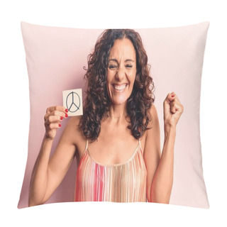 Personality  Middle Age Beautiful Woman Holding Peace Symbol Reminder Screaming Proud, Celebrating Victory And Success Very Excited With Raised Arm  Pillow Covers