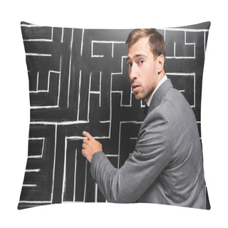 Personality  Handsome And Shocked Businessman In Suit Pointing With Finger At Labyrinth Pillow Covers