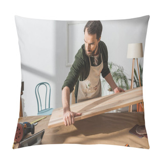 Personality  Craftsman Putting Wooded Board On Table Near Tools  Pillow Covers