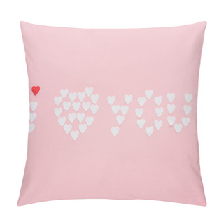 Personality  Top View Of 'i Love You' Lettering Made Of Paper Hearts Isolated On Pink, St Valentines Day Concept Pillow Covers