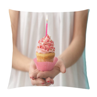Personality  Close Up Of Woman Holding Birthday Cupcake With Candle Pillow Covers
