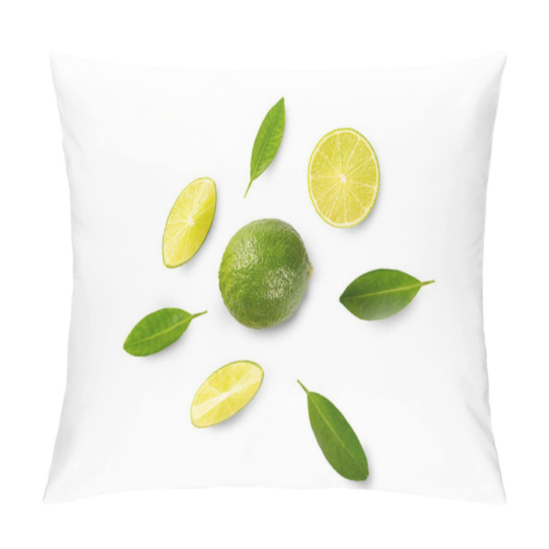Personality  Top View Of Fresh Lime Citrus Fruit With Slice Piece And Green Leave On White Background.  Pillow Covers